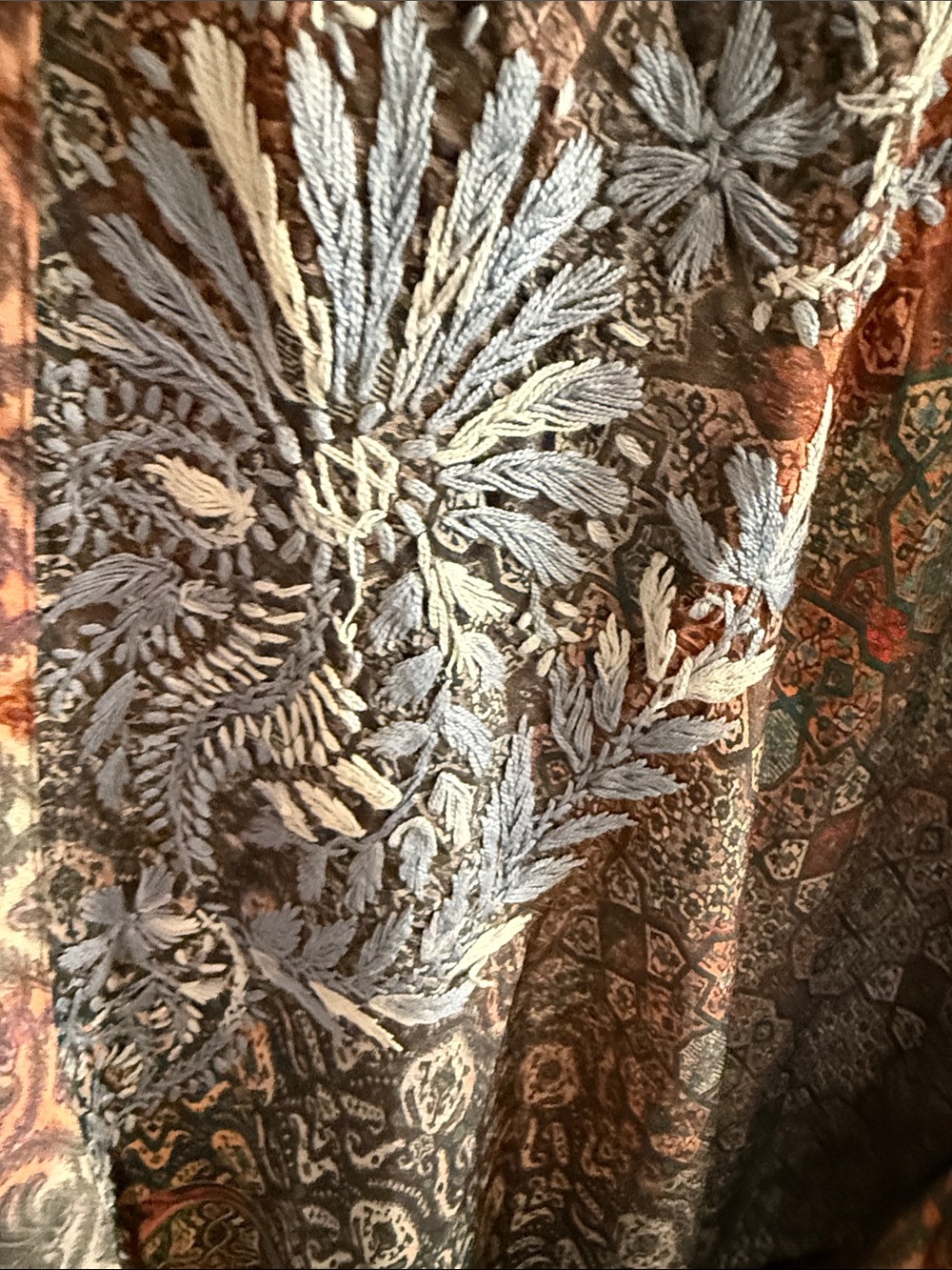 Boho Paisley Open Kimono Silk Hand Embroidered Cardigan in Rust, Teal & Gray - Picture 4 of 7